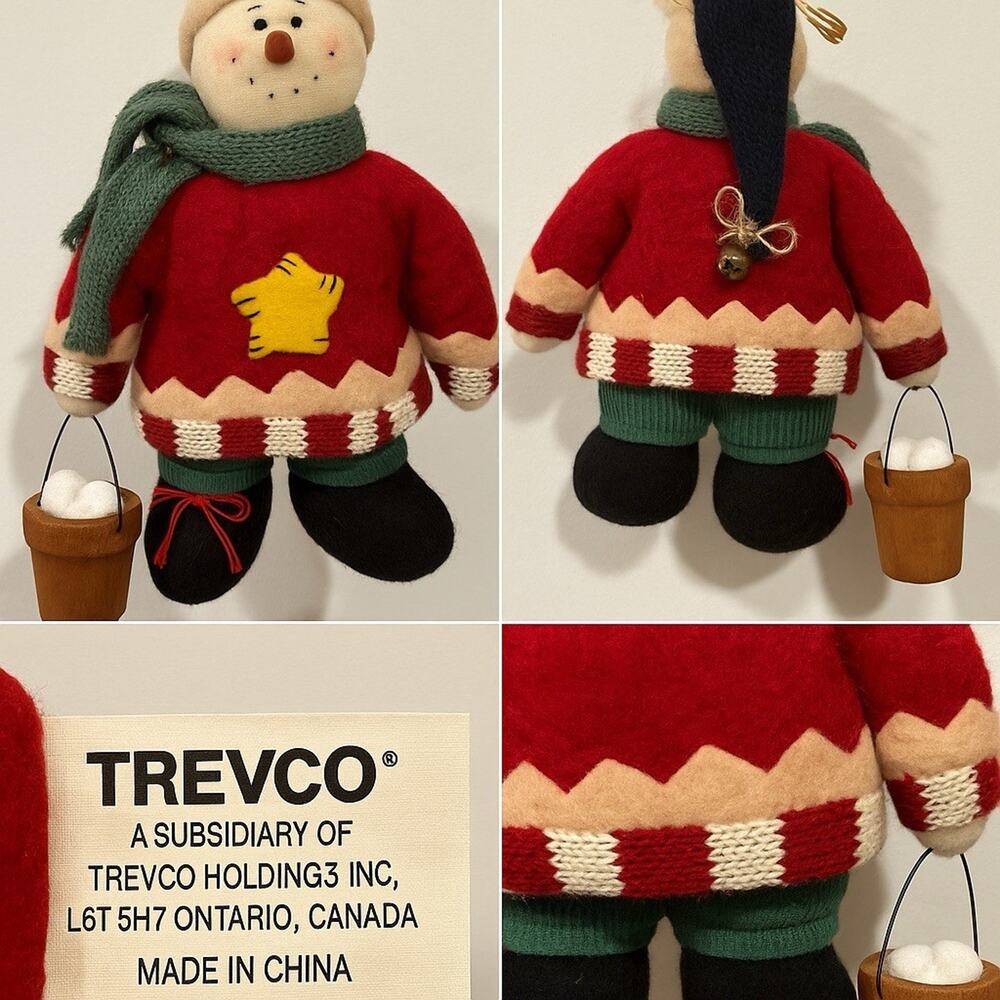 Vintage Trevco Snowman Ornament Red Sweater Bucket Felt Cloth Doll Christmas